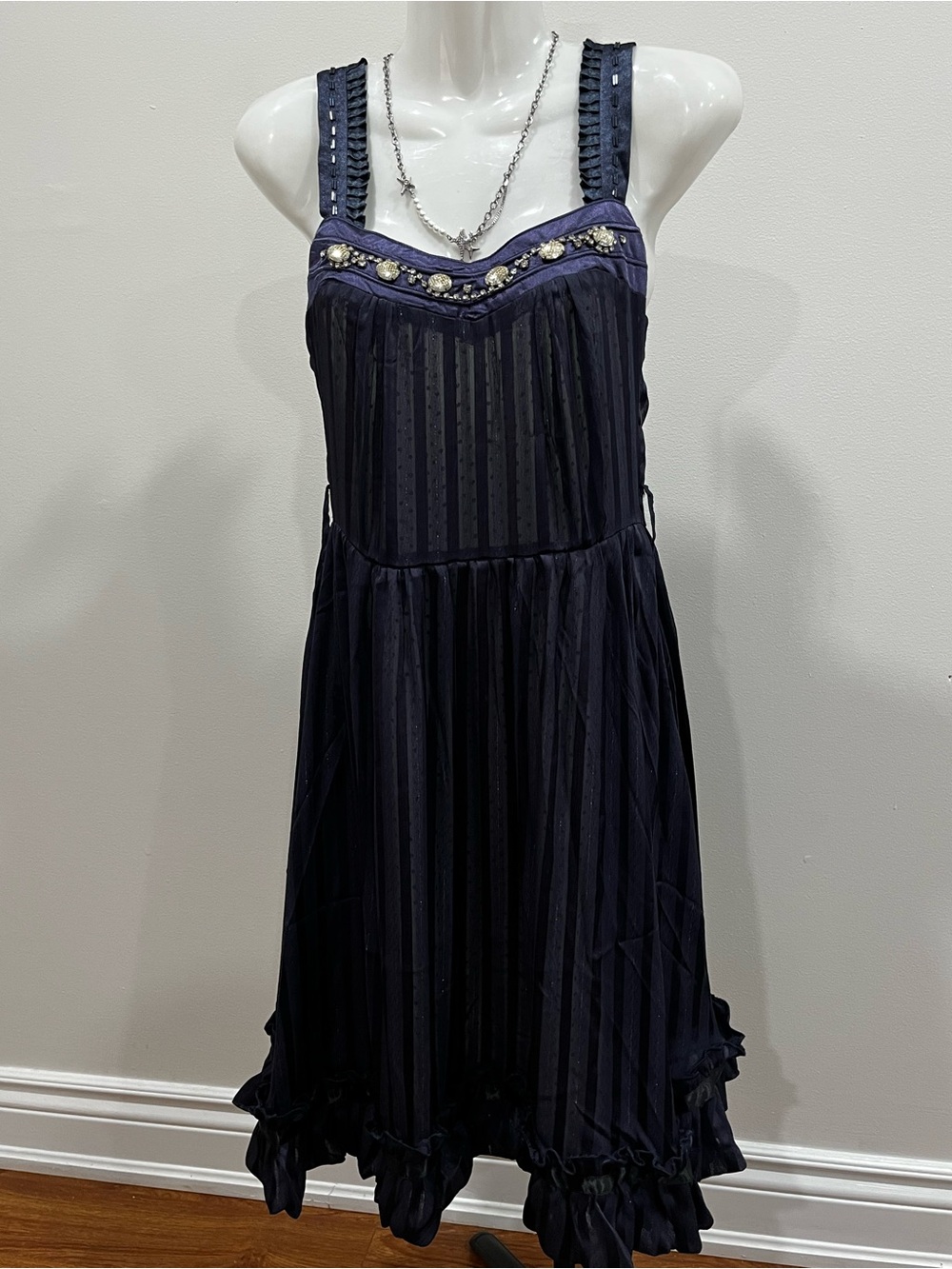 Whimsigoth Navy Beaded Strap Midi Dress